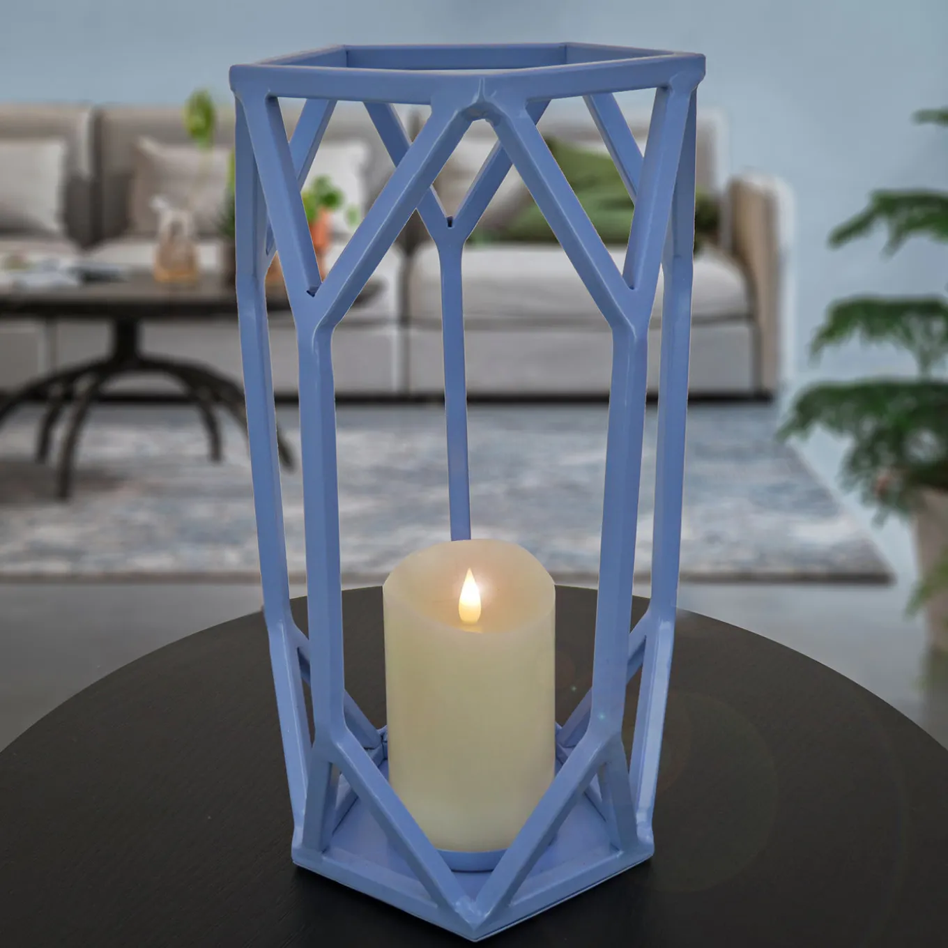14 in. Modern Design and Finish Ice Melt Blue Outdoor Lantern Candleholder