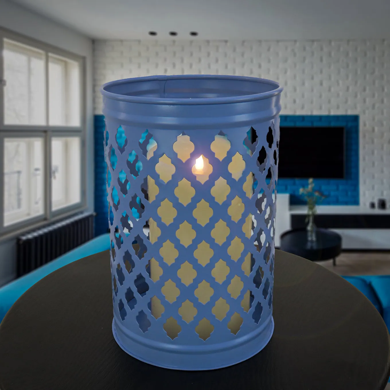 12 in. Modern Design and Finish Ice Melt Blue Outdoor Lantern Candleholder
