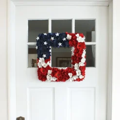 22 in. Patriotic Hanging Square Wreath with Red White and Blue Flowers Stars