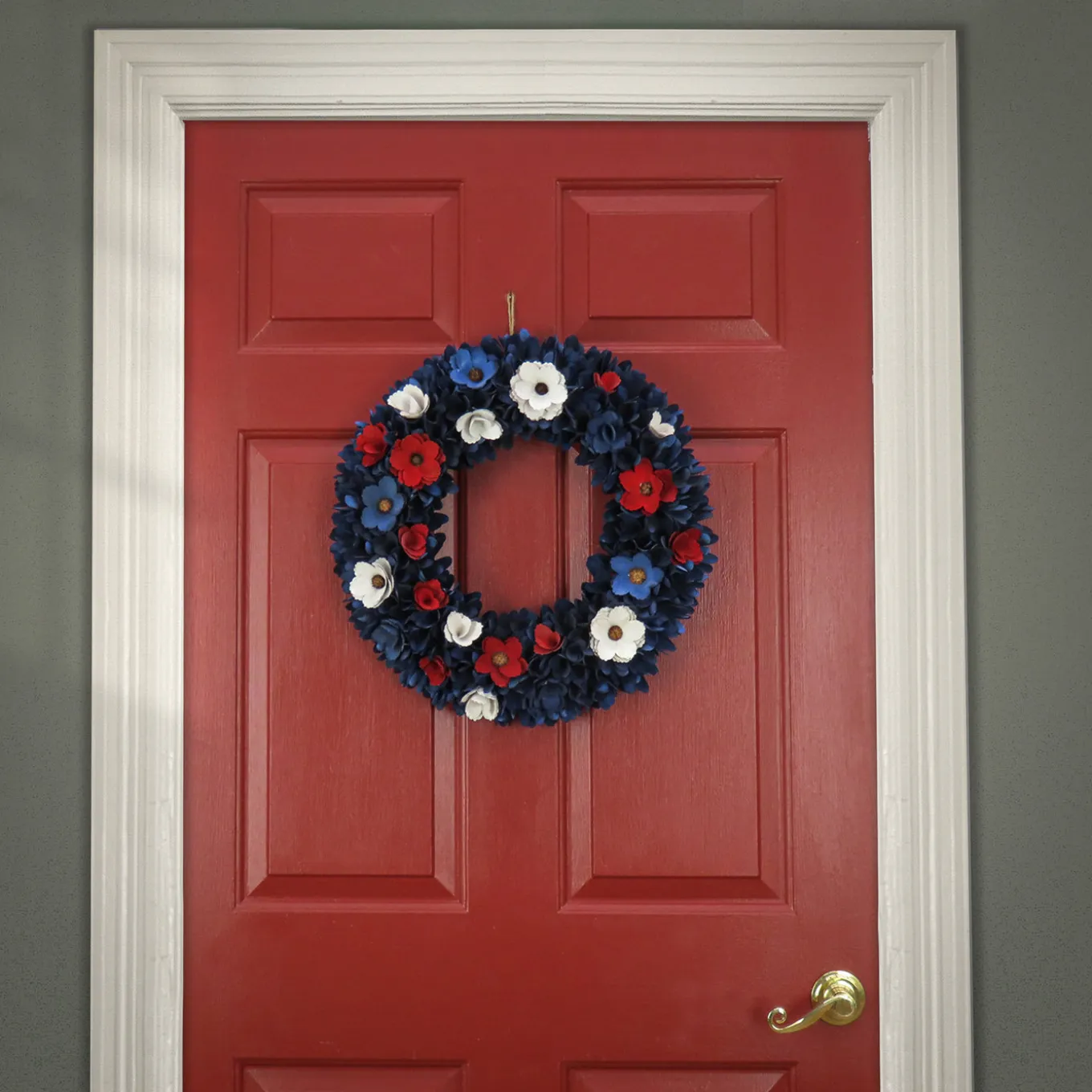 20 in. Patriotic Wreath Decoration with Red, White and Blue Flower Blooms, Blue Petals