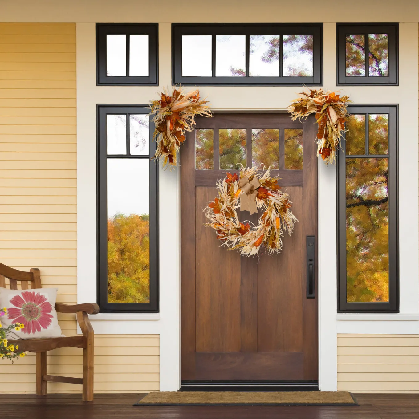 24 in. 2-Piece Fall Door Corners with Corn Husks, Raffia Leaves, Berry Clusters