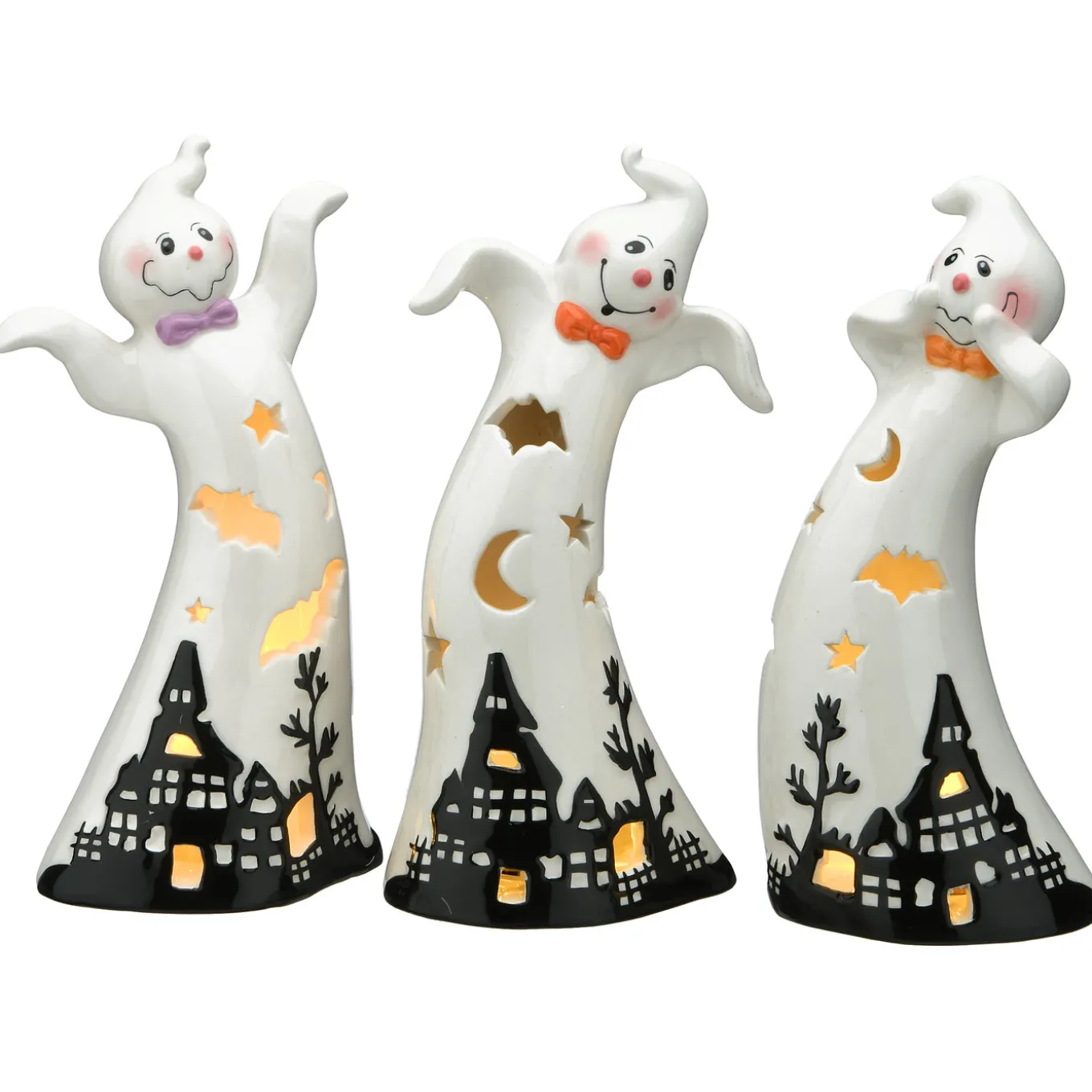7 in. 3-Piece Halloween Three Dancing Ghosts Ceramic Decoration with LED Lights