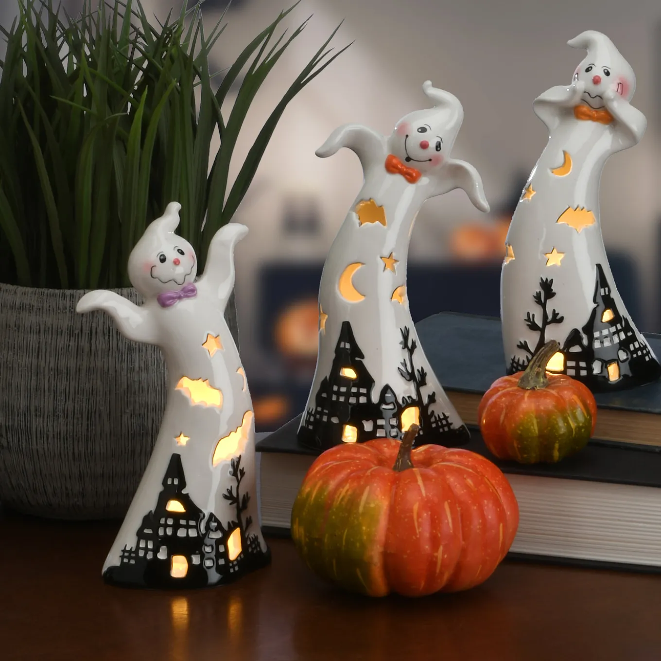 7 in. 3-Piece Halloween Three Dancing Ghosts Ceramic Decoration with LED Lights