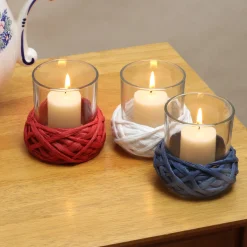 3.5 in. 3-Piece Patriotic Candleholders Decorated with Red White and Blue Thread