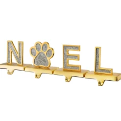 5 in. 4-Piece Silver Sparkle NOEL Christmas Stocking Holders, Silver and Gold with Paw Print