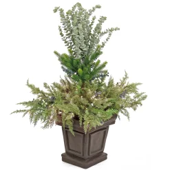 48 in. Pre Lit Cedar and Evergreen Artificial Shrub with Blue and White Berries, LED Lights