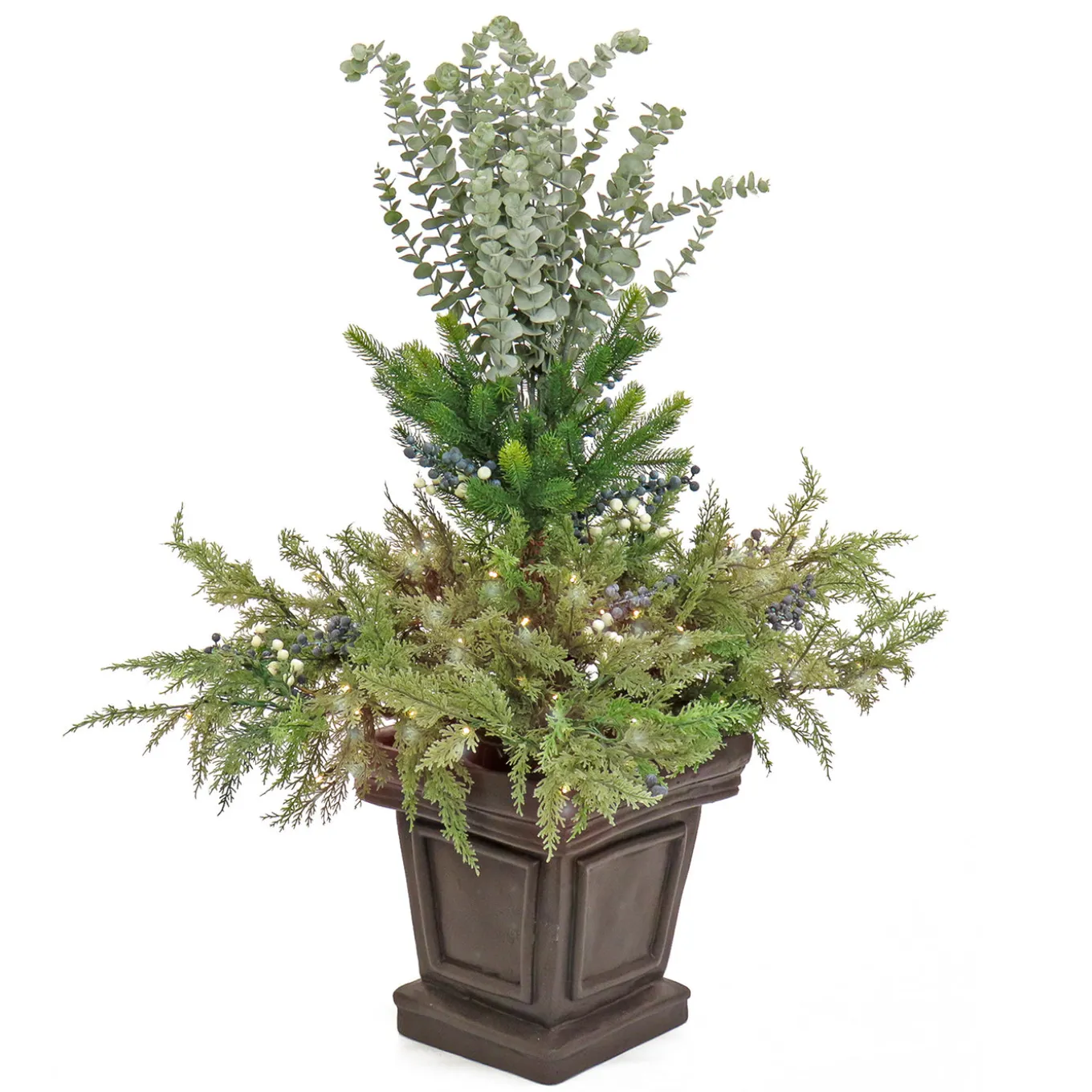 48 in. Pre Lit Cedar and Evergreen Artificial Shrub with Blue and White Berries, LED Lights
