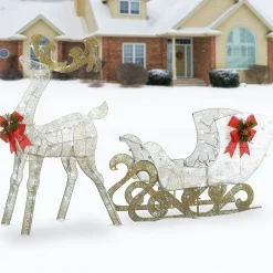 48 in. Pre Lit Sisal Reindeer and Sleigh Decoration with Cool White LED Lights