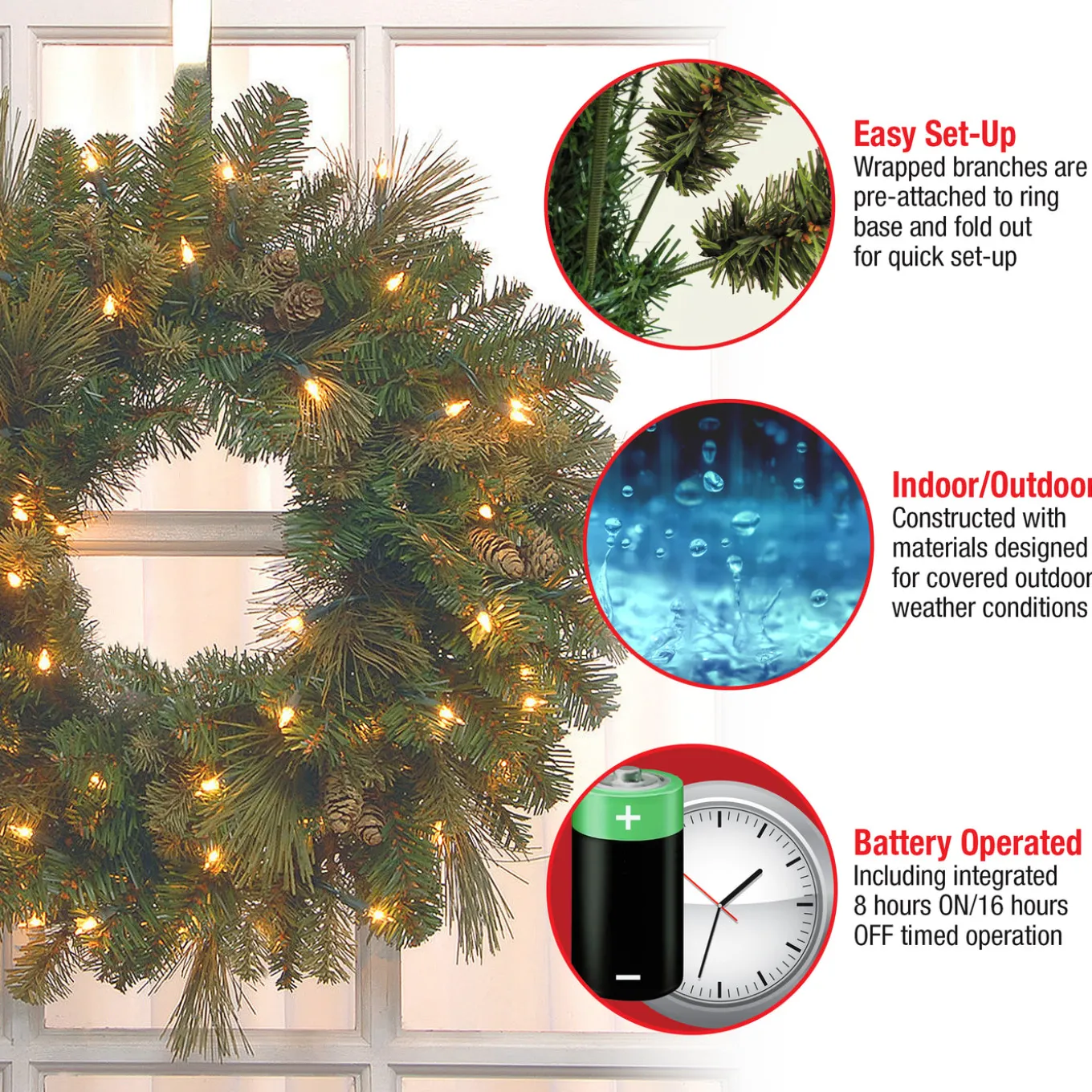 24 in. Pre-Lit Carolina Pine Wreath with LED Lights
