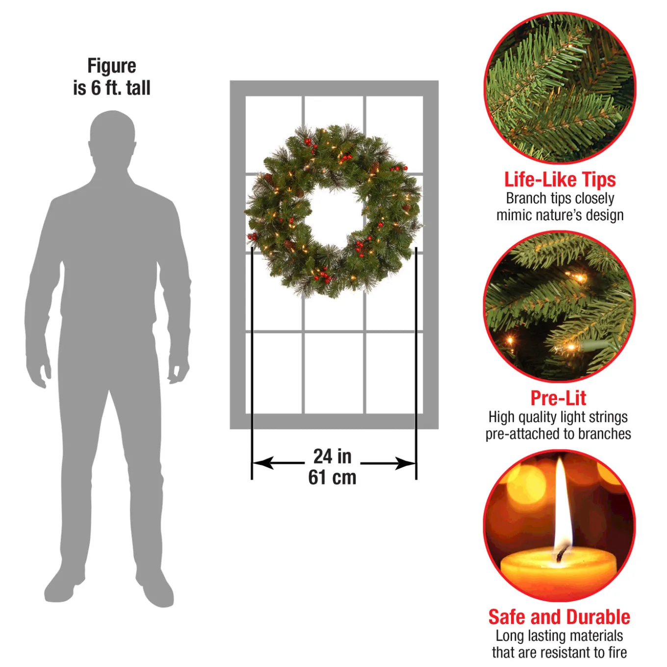 24 in. Pre-Lit Crestwood Spruce Wreath with Clear Lights - Plug In