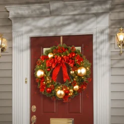 36 in. Pre-Lit Decorative Collection Cozy Christmas Wreath with Red and Clear Lights