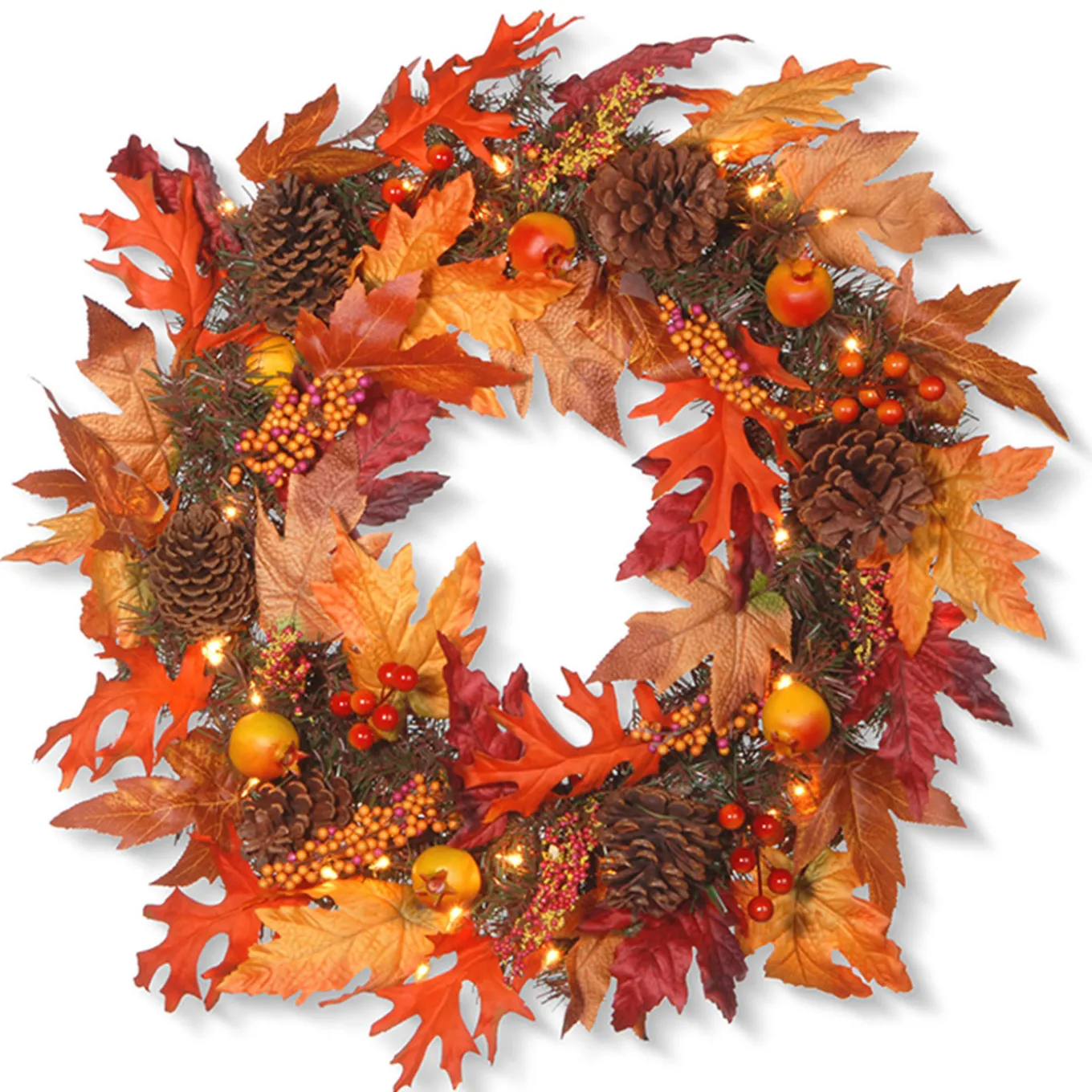 24 in. Pre-Lit Fall Wreath with Gourds, Pinecones, Maple Leaves, Berry Clusters and Lights