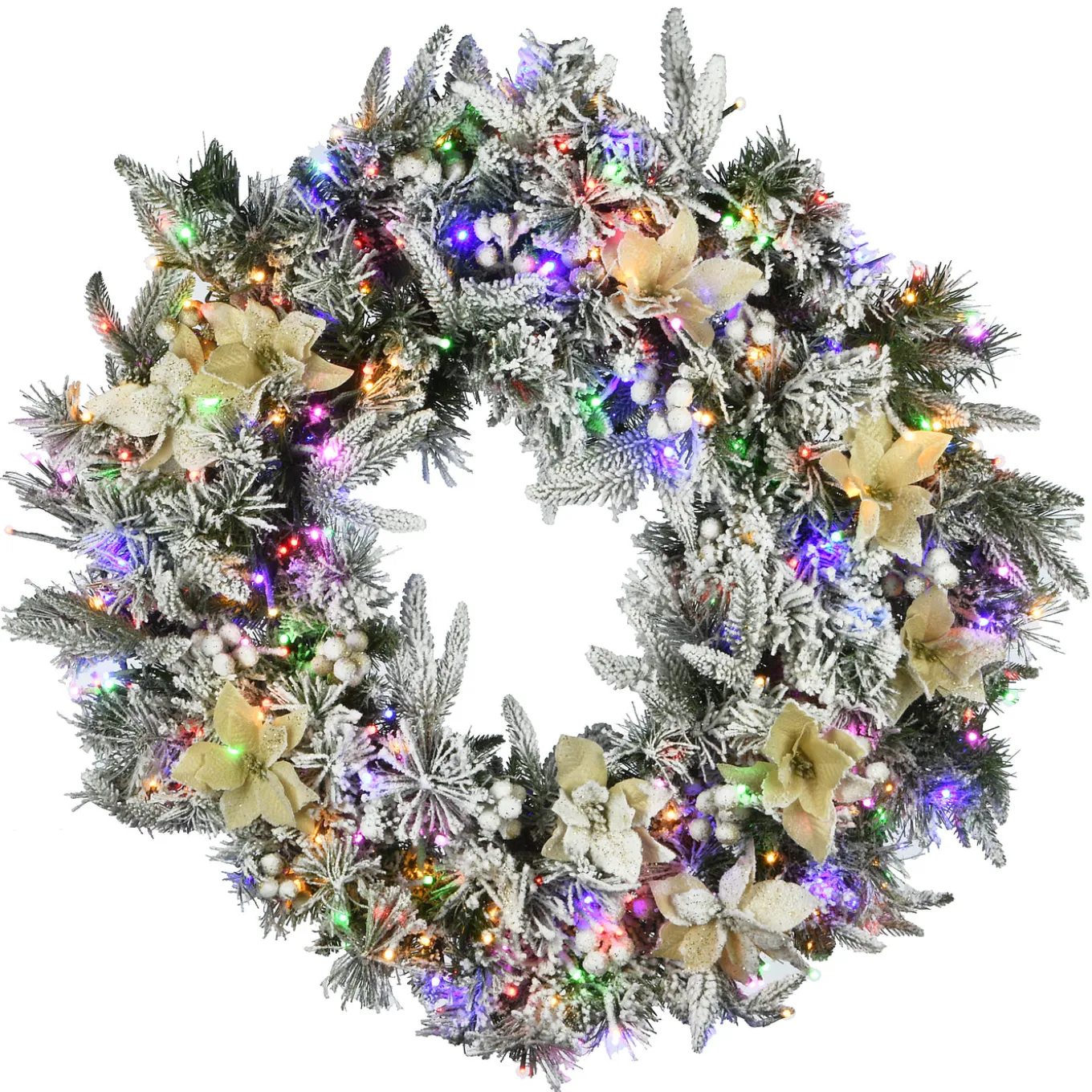 30 in. Pre-Lit Frosted Colonial Fir Wreath with Dual Color LED Cosmic Lights