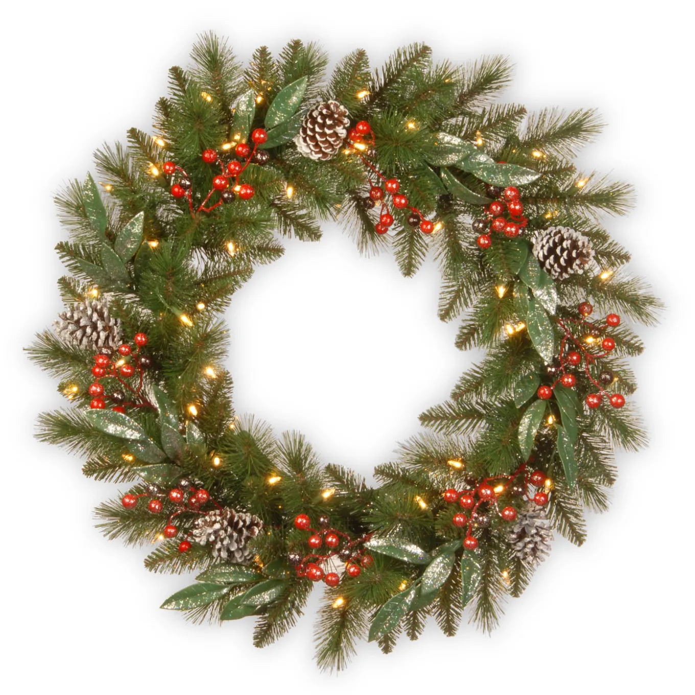 24 in. Pre-Lit Frosted Pine Berry Wreath with LED Lights