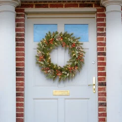 24 in. Pre-Lit Frosted Pine Berry Wreath with LED Lights