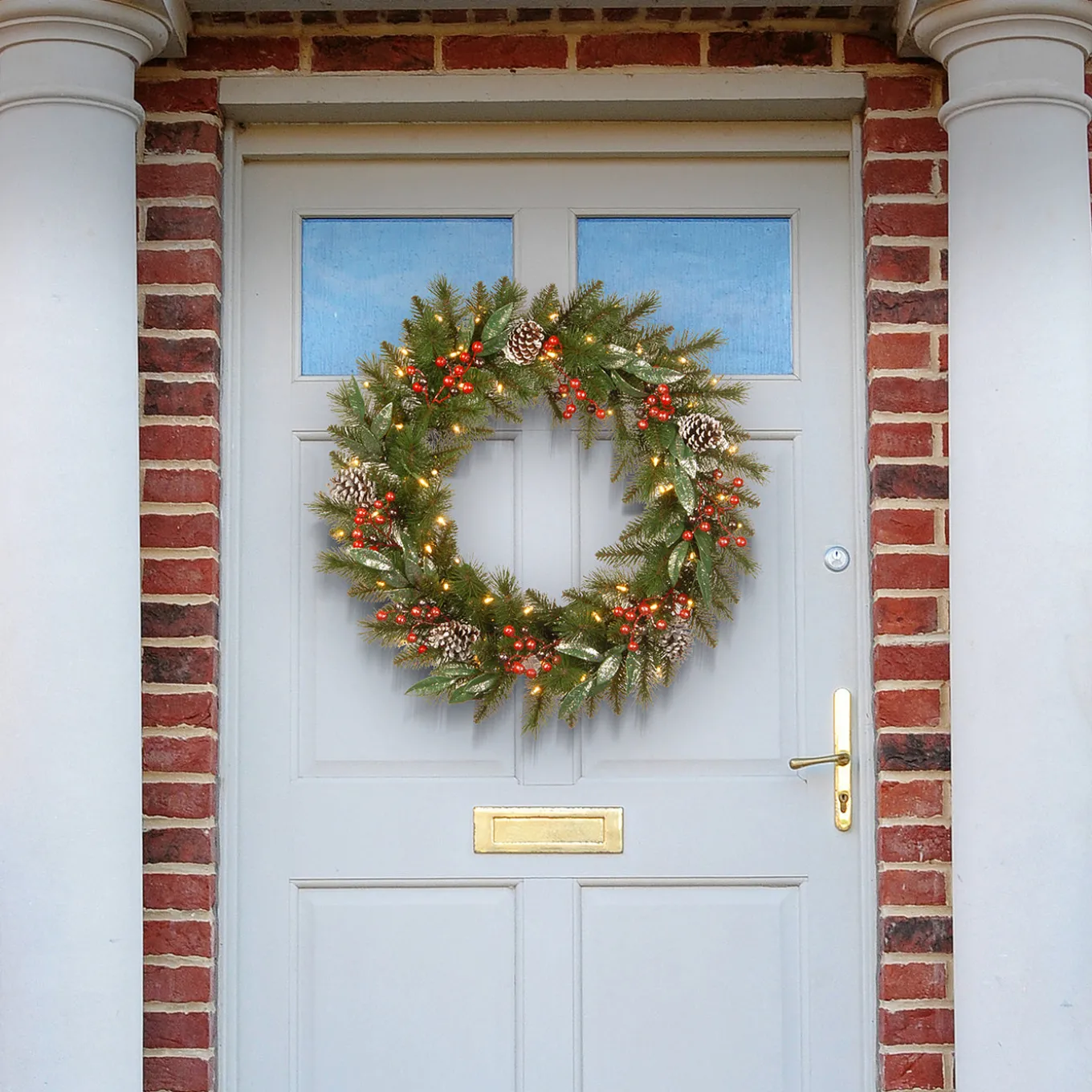 24 in. Pre-Lit Frosted Pine Berry Wreath with LED Lights