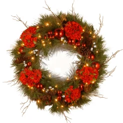 24 in. Pre-Lit Hydrangea Pine Wreath with Warm White LED Lights