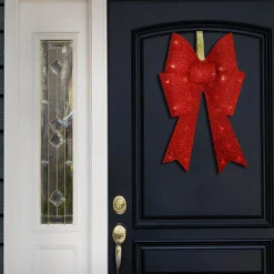 20 in. Pre-Lit Red Fabric Bow with Battery Operated LED Lights