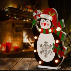 17 in. Pre-Lit Wooden Penguin