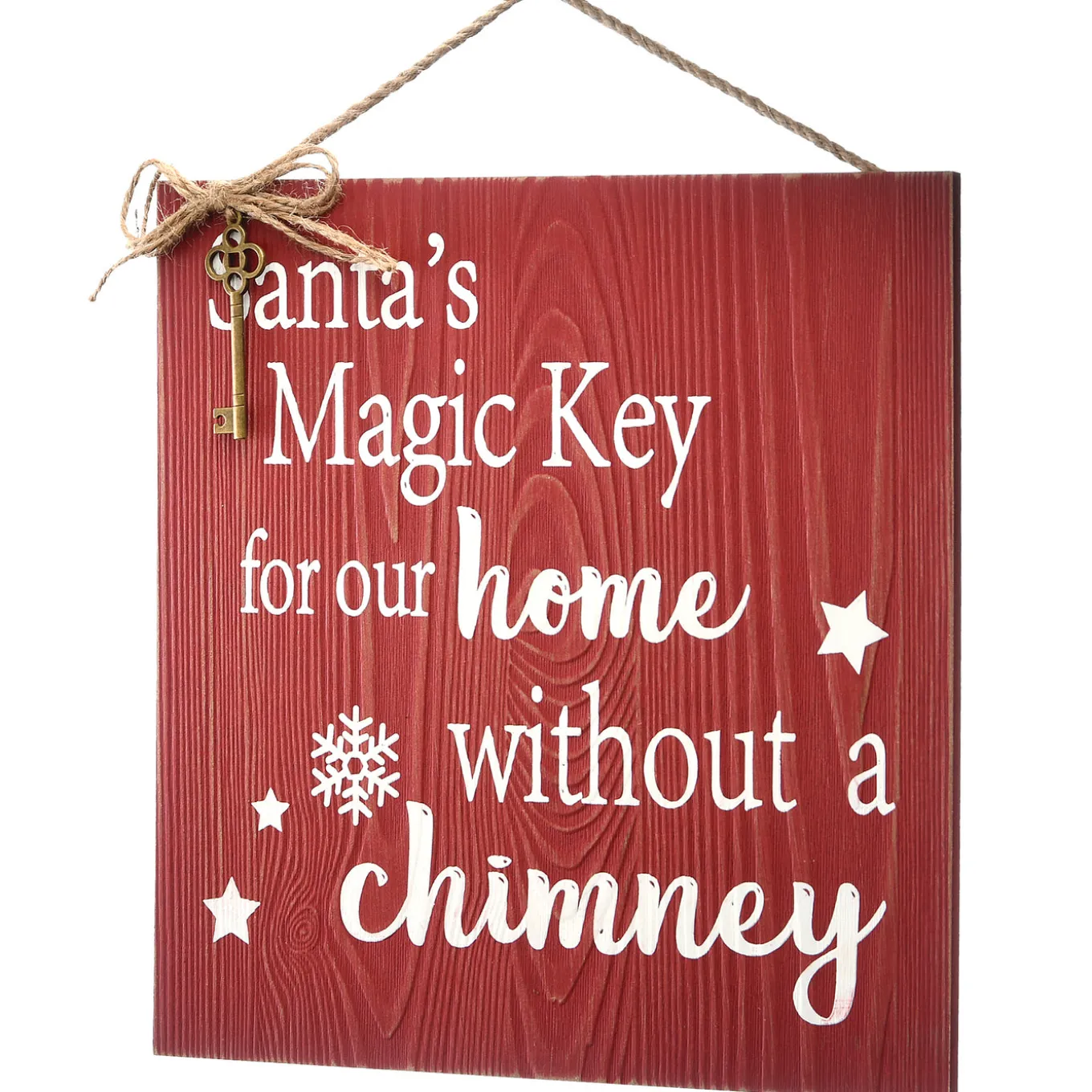 10 in. Santa's Key Door Christmas Sign, Red with White Lettering and Decorative Ornate Key, Stars and Snowflakes