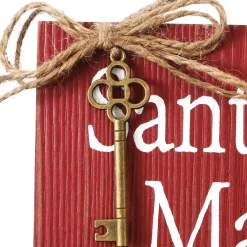 10 in. Santa's Key Door Christmas Sign, Red with White Lettering and Decorative Ornate Key, Stars and Snowflakes