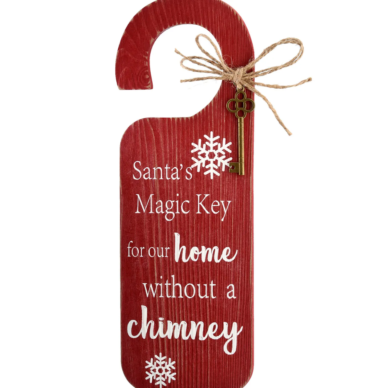 12 in. Santa's Key Doorknob Christmas Sign, Red with White Lettering and Decorative Ornate Key, Snowflakes