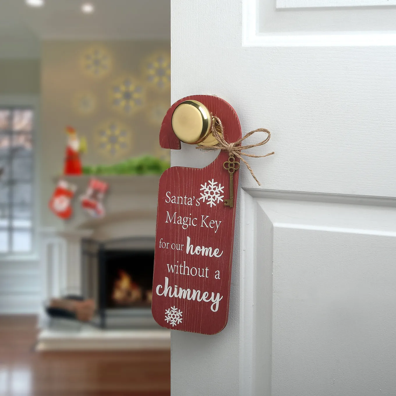 12 in. Santa's Key Doorknob Christmas Sign, Red with White Lettering and Decorative Ornate Key, Snowflakes