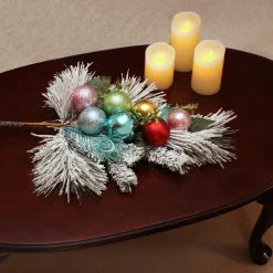 29 in. Snowy Pine Decorated Branch Spray with Snow Covered Bristles, Gold Sprouts