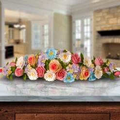 33 in. Spring Blue & Pink Swag Rose, Gerbera & Hyrangea Flowers Swag