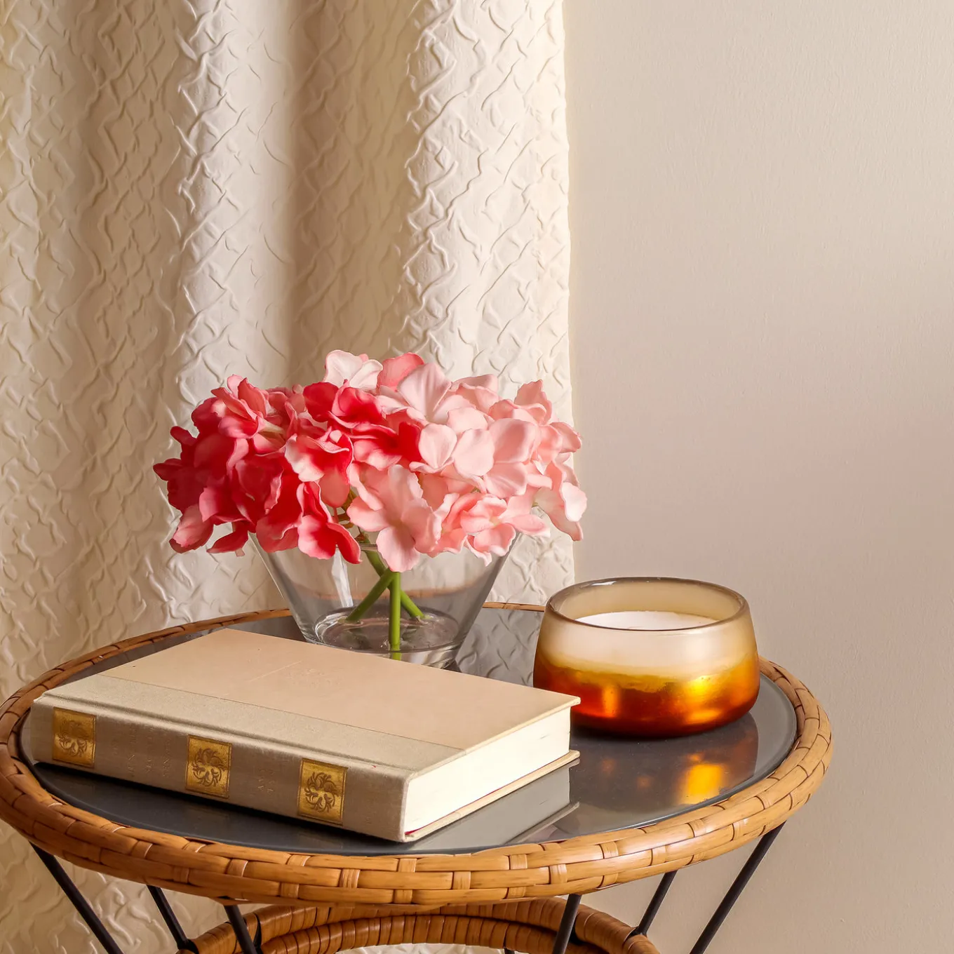 8 in. Spring Coral Hydrangea Bouquet in Glass Vase