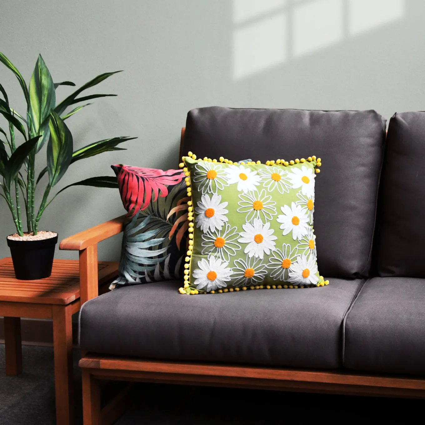 16 in. Spring Decorative Pillow with Daisy Flower Bloom Embroidery