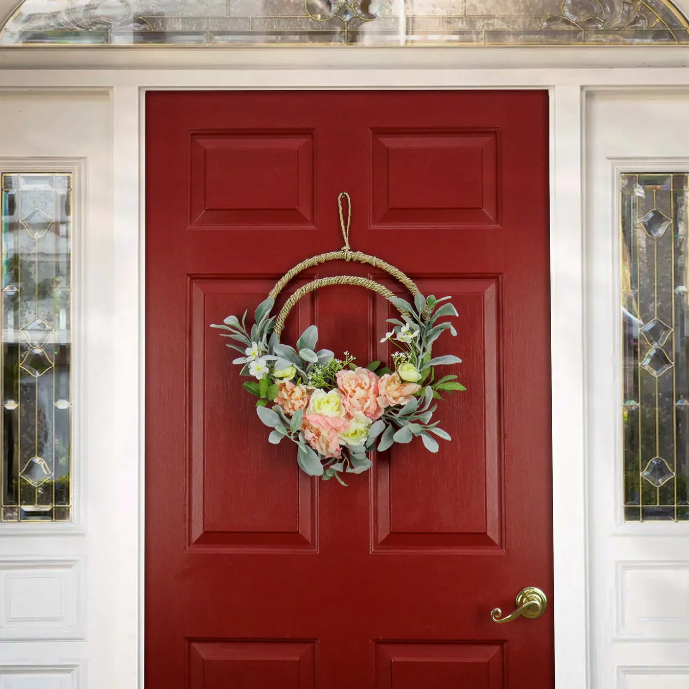 18 in. Spring Double Hoop Wreath with Peony, Rose, and Lamb's Ear Flower Blooms