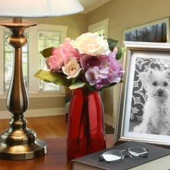 13 in. Spring Floral Bouque with Purple Roses and White Orchid Blooms, Leafy Greens