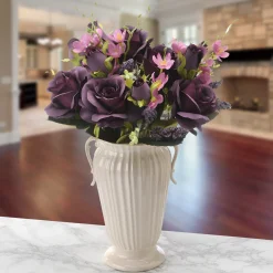 19 in. Spring Floral Bouquet with Deep Purple Rose Blooms, Pink Flowers, Seed Pods, Leafy Greens