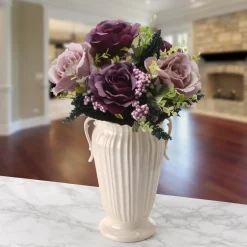 19 in. Spring Floral Bouquet with Purple and Pink Rose Blooms, Berry Clusters, Seed Pods, Leafy Greens