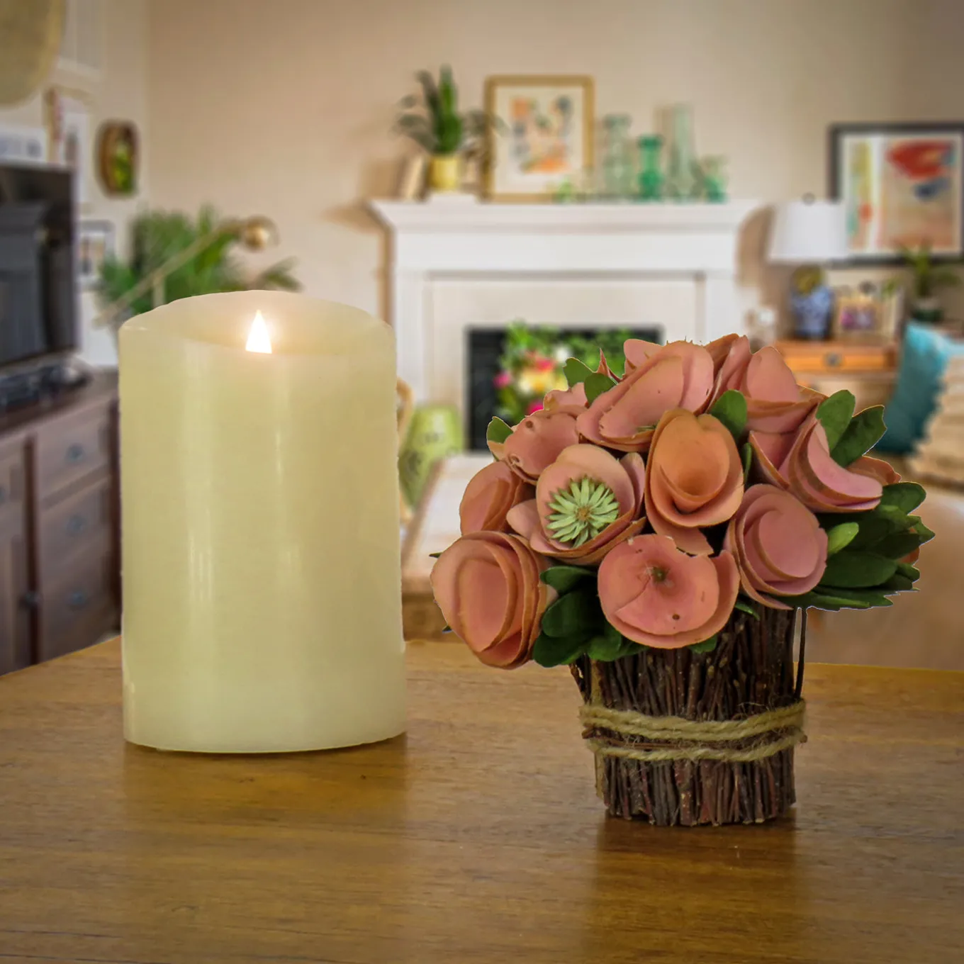 7 in. Spring Floral Bundle with Pink Floral Blooms, Twig Base