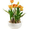 18 in. Spring Flower Potted Plant with Yellow Tulips, Vibrant Green Stems, Fern Fronds in a Stylish Ceramic Pot Base
