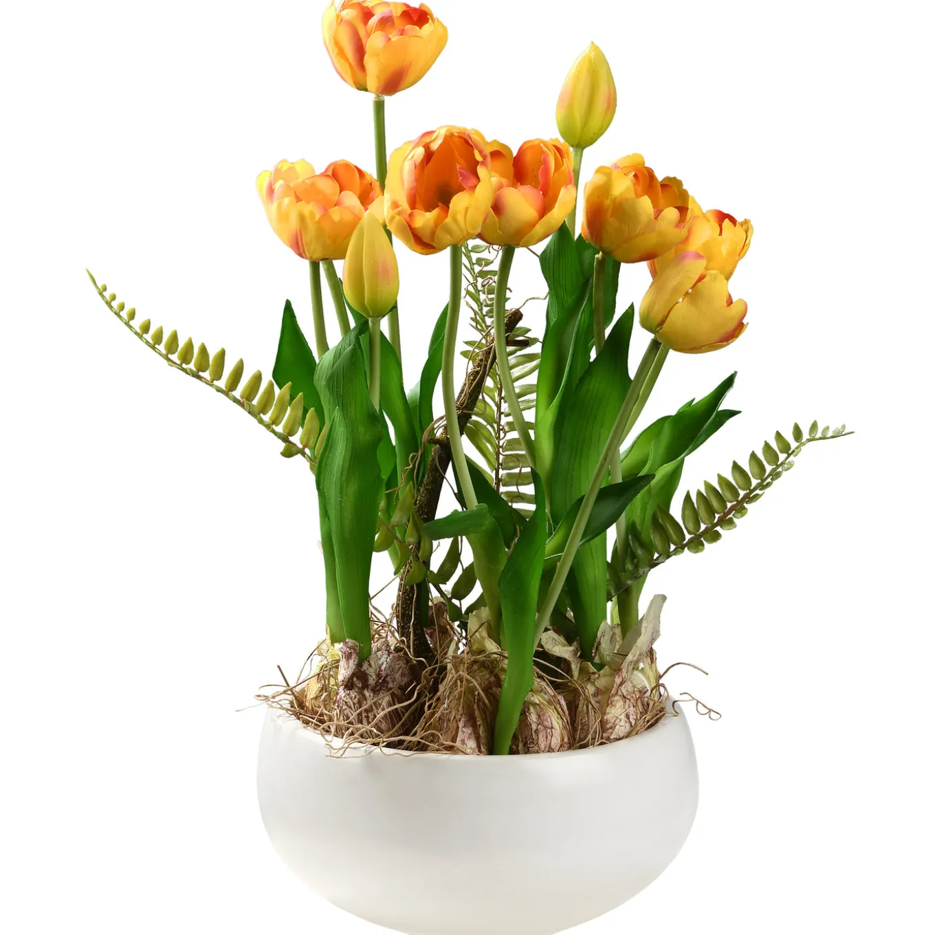 18 in. Spring Flower Potted Plant with Yellow Tulips, Vibrant Green Stems, Fern Fronds in a Stylish Ceramic Pot Base