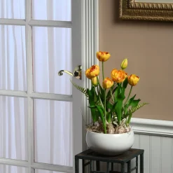 18 in. Spring Flower Potted Plant with Yellow Tulips, Vibrant Green Stems, Fern Fronds in a Stylish Ceramic Pot Base