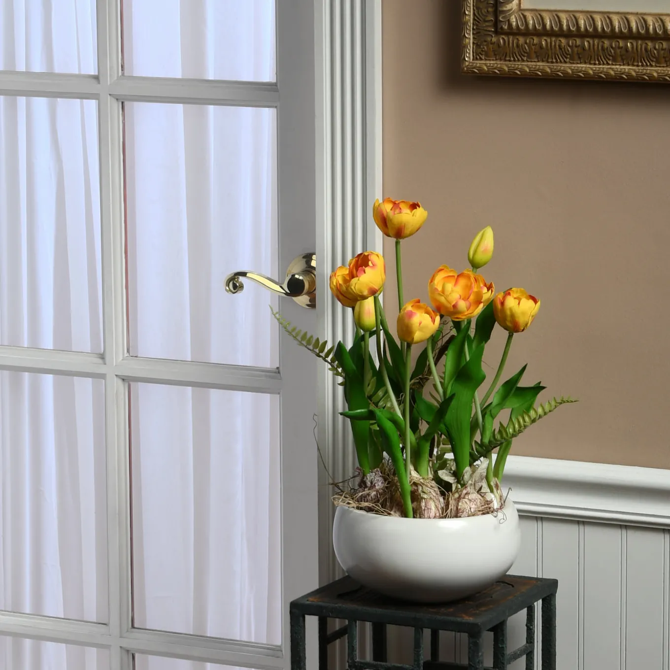 18 in. Spring Flower Potted Plant with Yellow Tulips, Vibrant Green Stems, Fern Fronds in a Stylish Ceramic Pot Base