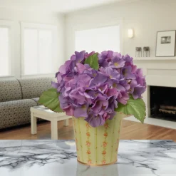 11 in. Spring Garden Accents Hydrangea Flowers in Tin Pot