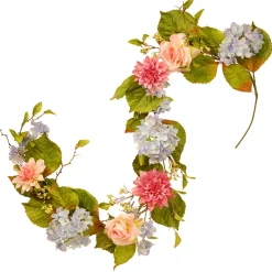 70 in. Spring Garland with Multicolor Hydrangea, Rose and Dahlia Blooms, Berry Clusters, Leafy Greens