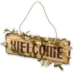 21 in. Spring Hanging Welcome Sign, Lightweight Wooden Construction with Leafy Vine Trim