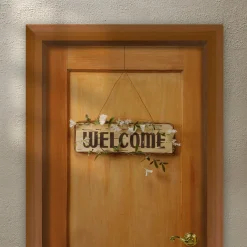 21 in. Spring Hanging Welcome Sign, Lightweight Wooden Construction with Leafy Vine Trim