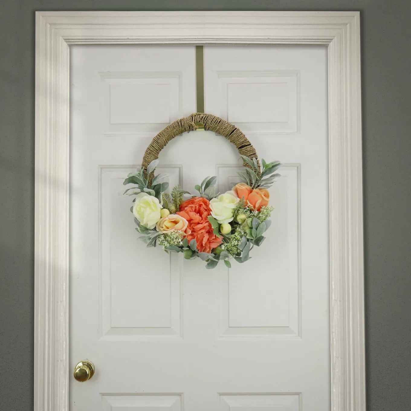 20 in. Spring Hoop Wreath with Peony, Rose, and Lamb's Ear Flower Blooms