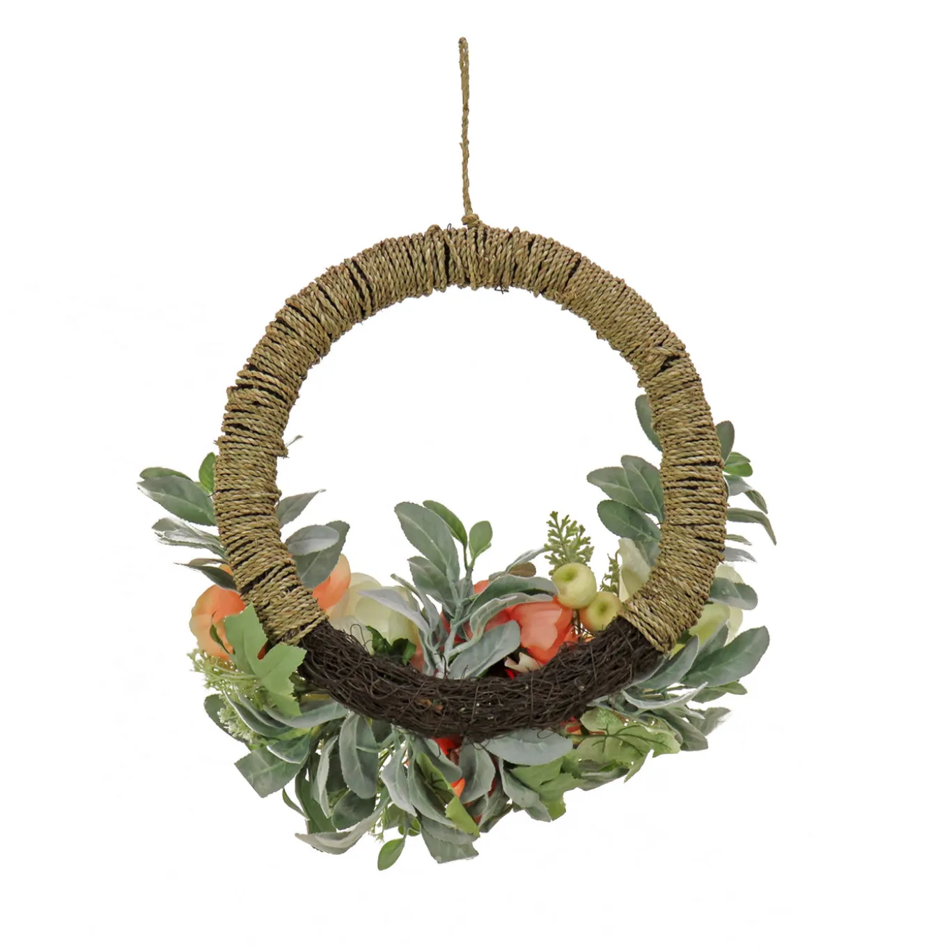 20 in. Spring Hoop Wreath with Peony, Rose, and Lamb's Ear Flower Blooms