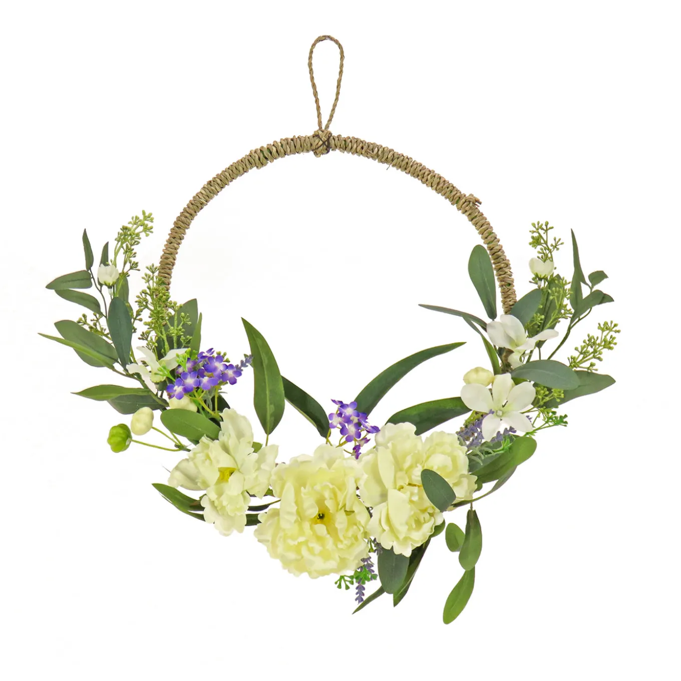 18 in. Spring Hoop Wreath with Peony Flower Blooms, Mini Blossoms, and Flowing Green Stems