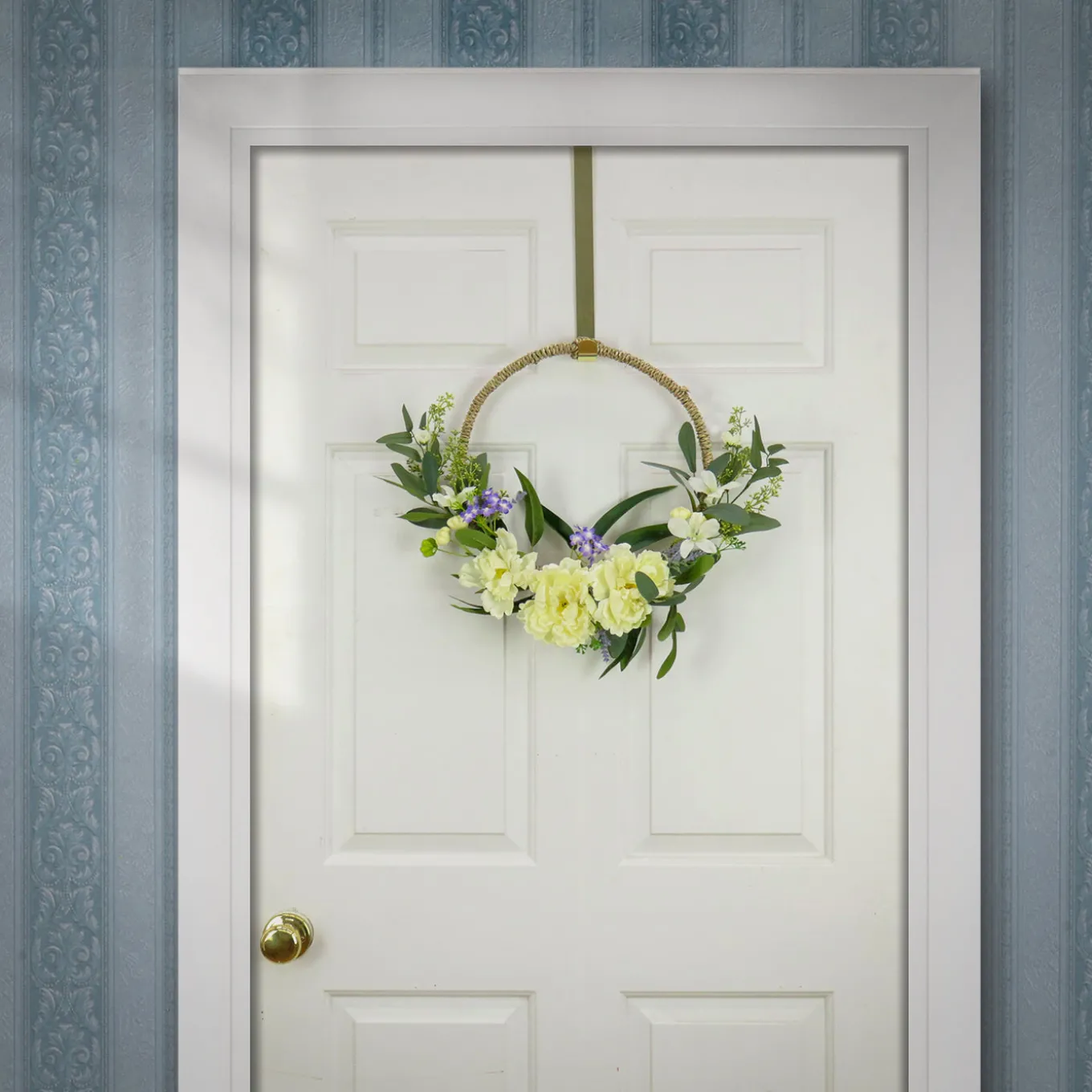 18 in. Spring Hoop Wreath with Peony Flower Blooms, Mini Blossoms, and Flowing Green Stems