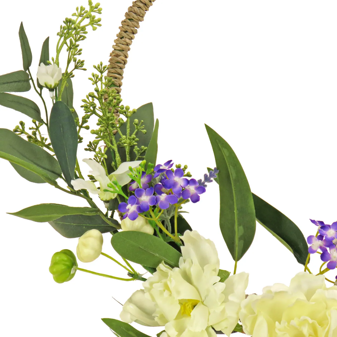 18 in. Spring Hoop Wreath with Peony Flower Blooms, Mini Blossoms, and Flowing Green Stems