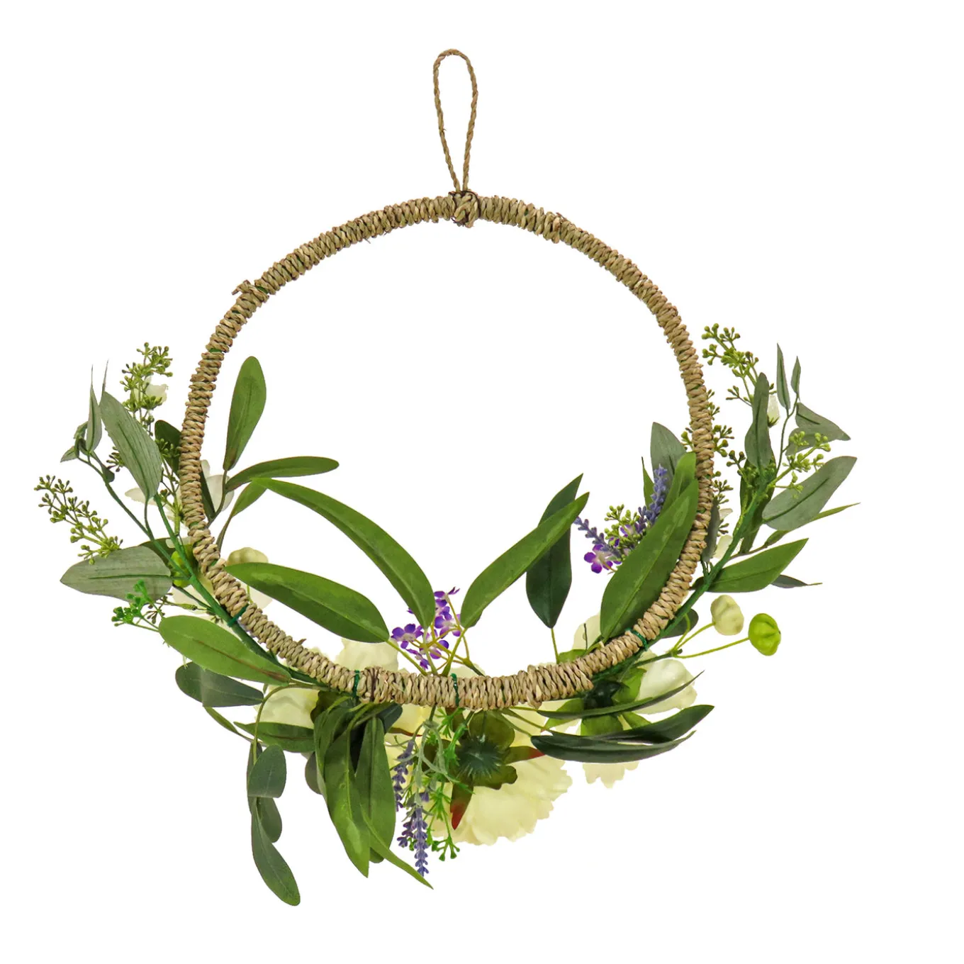 18 in. Spring Hoop Wreath with Peony Flower Blooms, Mini Blossoms, and Flowing Green Stems